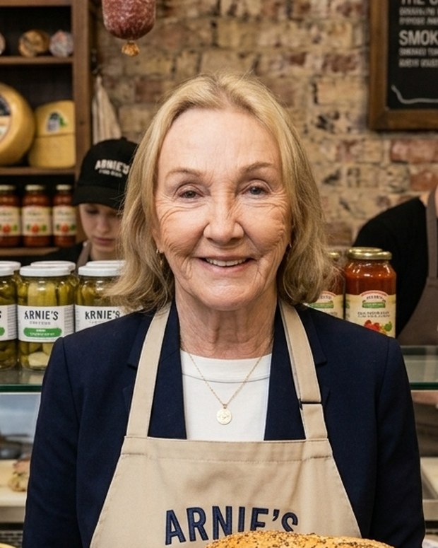 Gail from Arnie's Fine Foods in the deli, holding a board of freshly made sandwiches