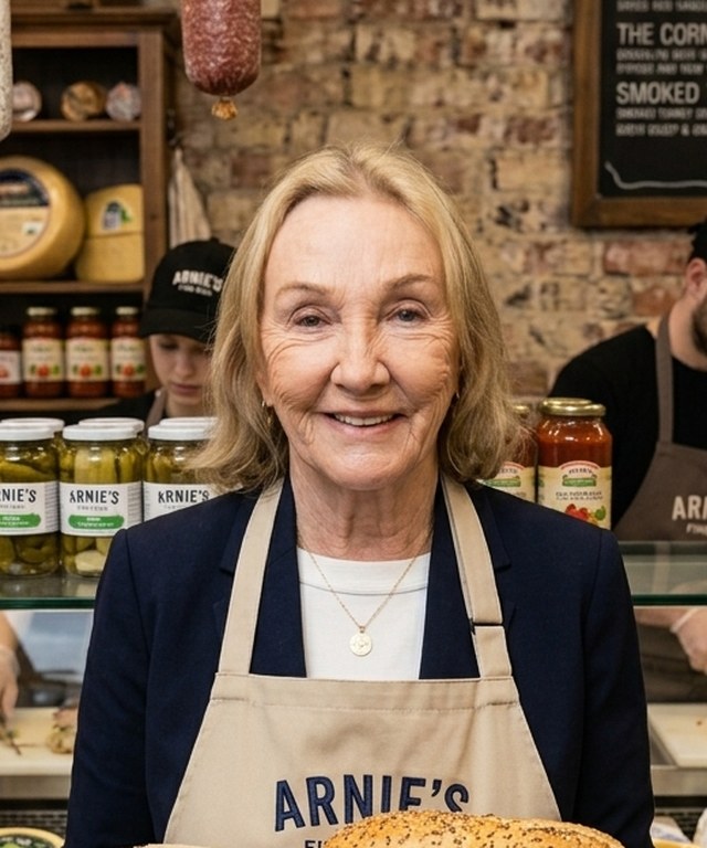 Gail from Arnie's Fine Foods holding a board of freshly made sandwiches in the deli